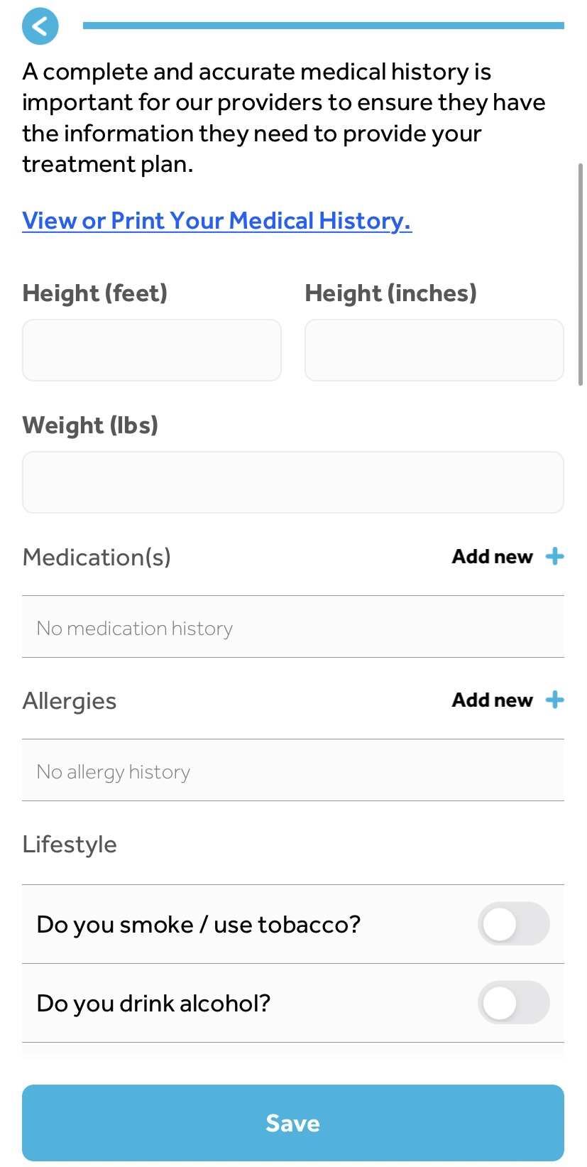 Medical History Entry in HealthiestYou