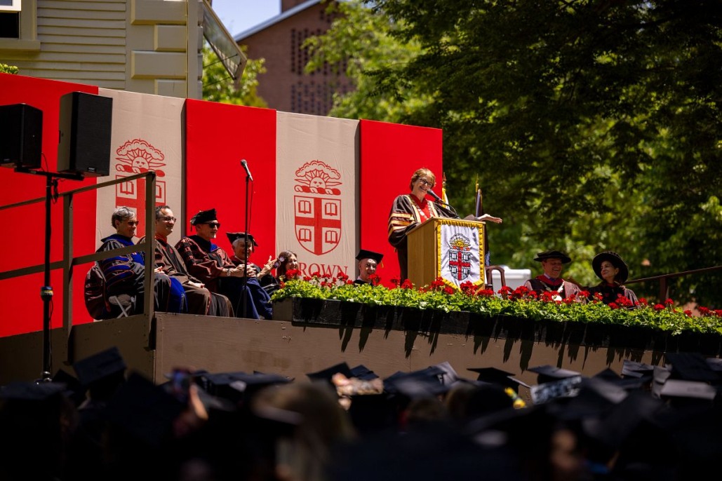 President and students at Brown Commencement